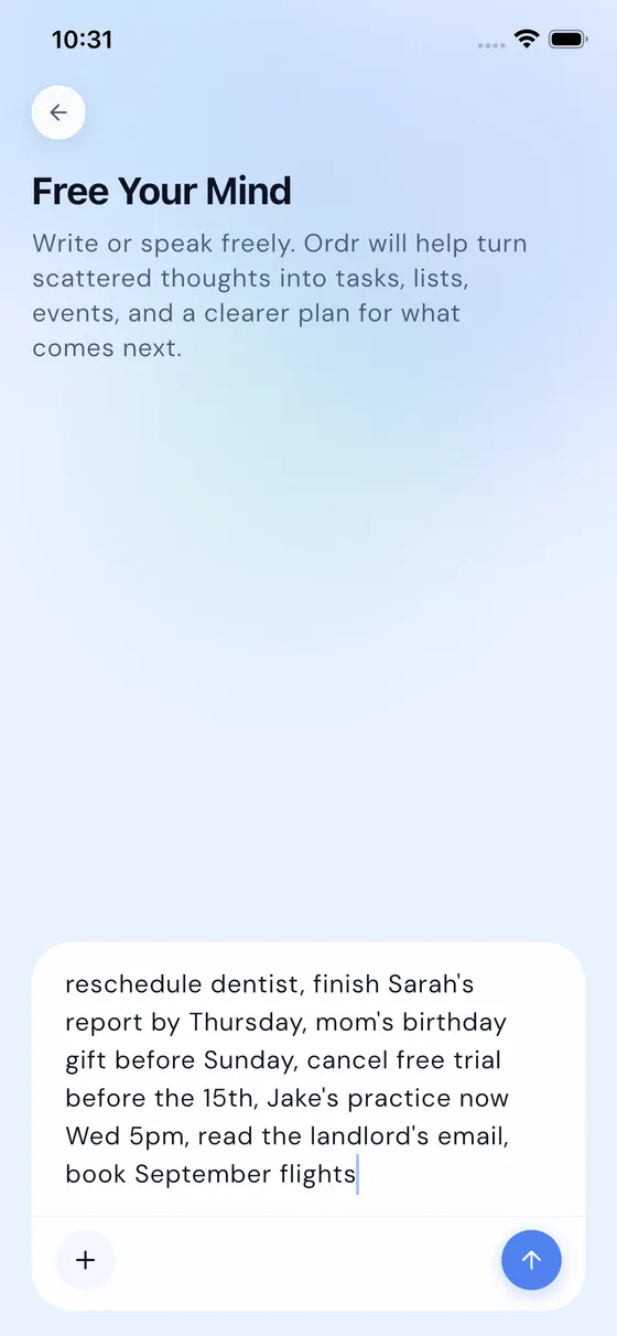 Free Your Mind in Ordr — turning a brain dump into structured tasks